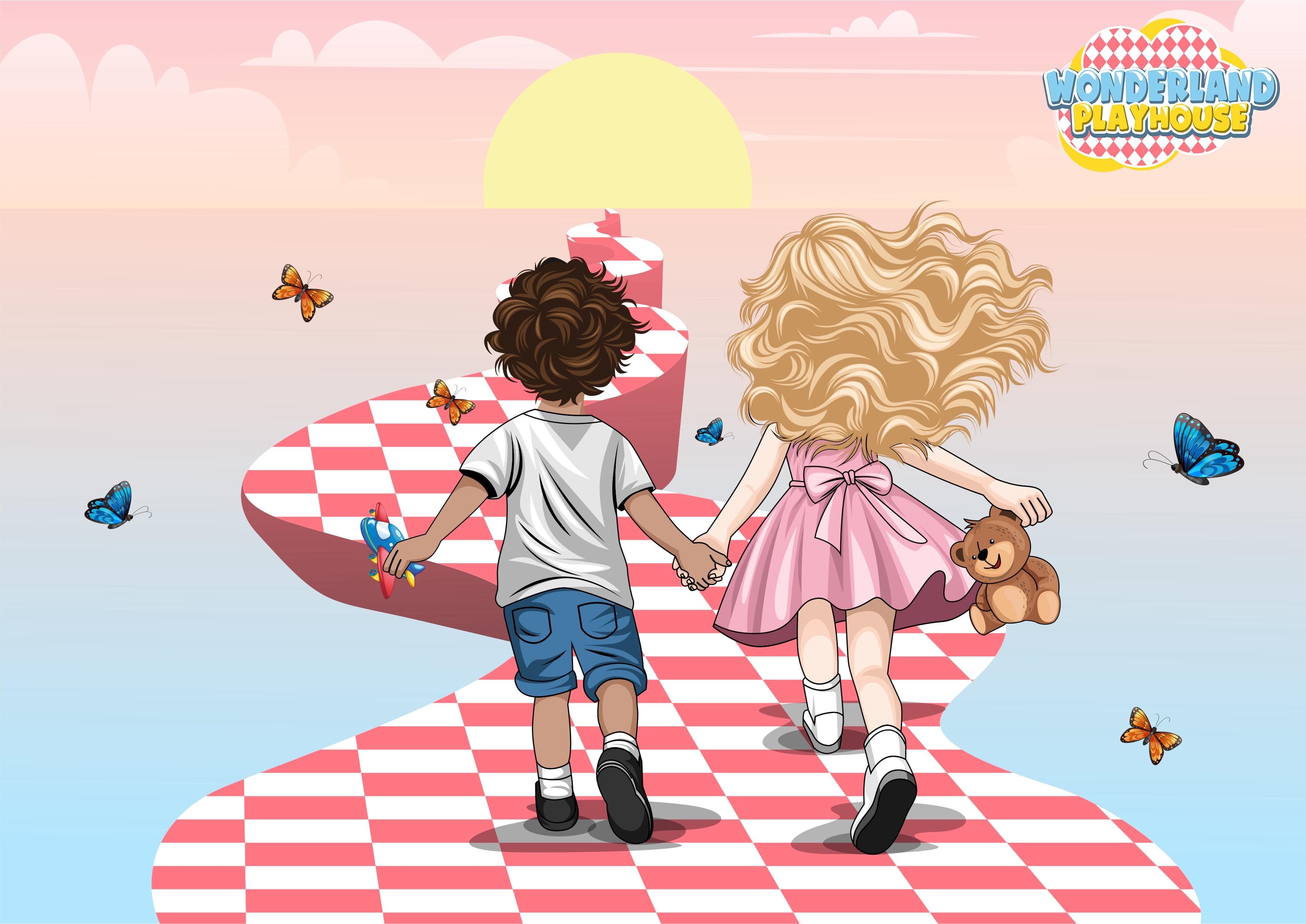 Two children walking hand in hand on a magical checkerboard path